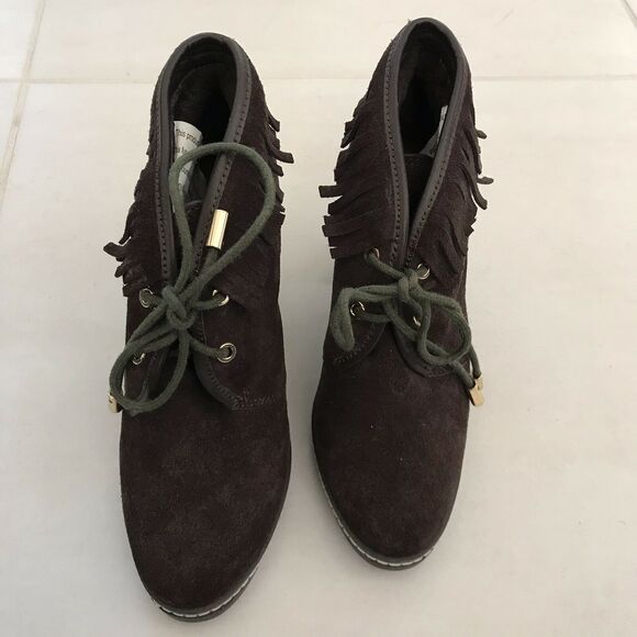 Tory Burch Hilary Suede Fringe Fur Lined Lace Up Chunky Booties FLAW - Picture 2 of 11